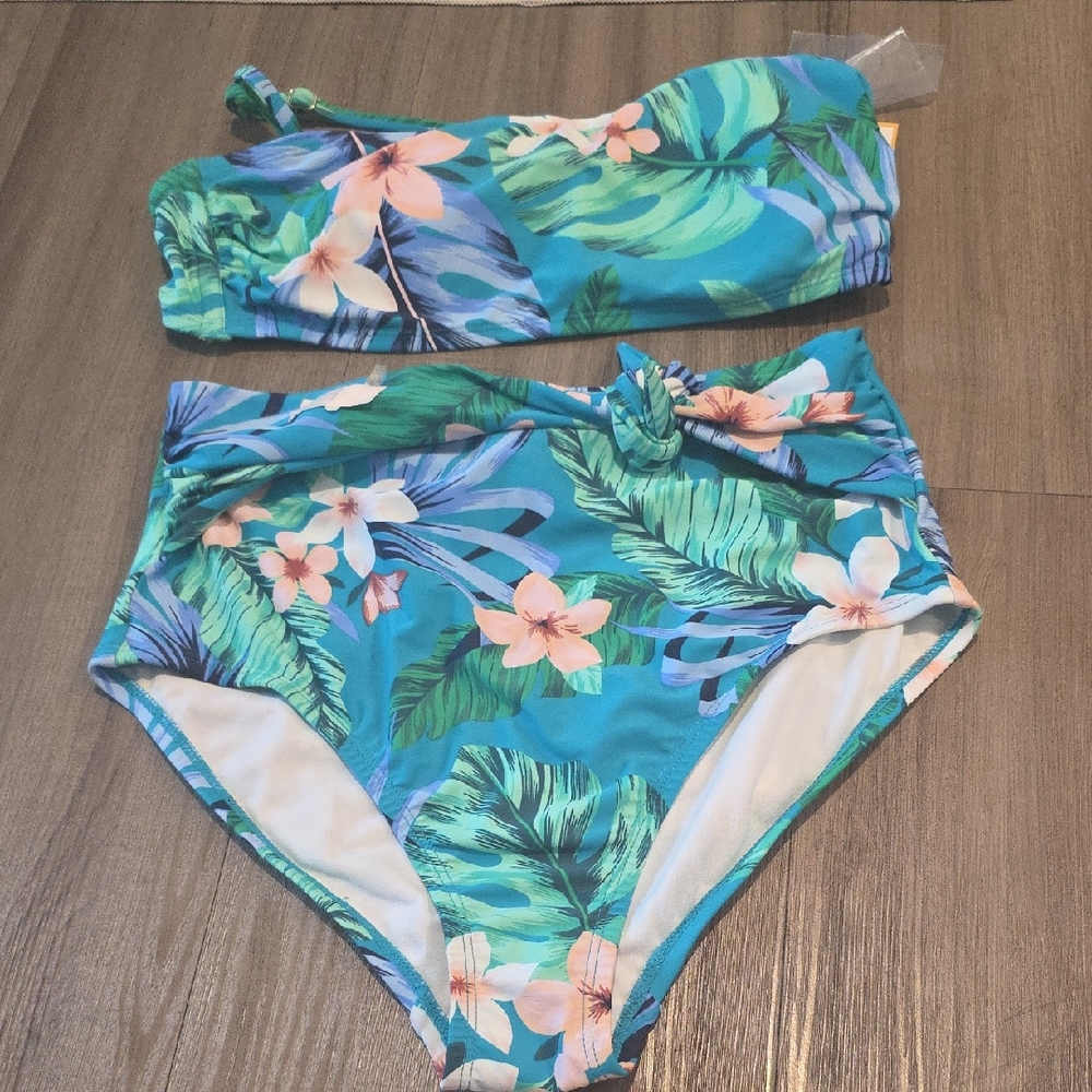 Kona Sol Blue and Green High-Waisted Bikini